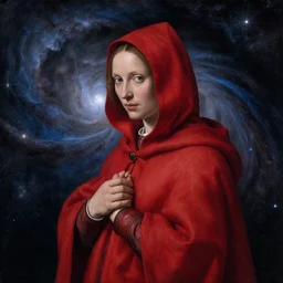 a woman in a red hooded cloak in a nebula, by Jan van Eyck