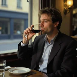 gerard depardieu drinking wine in a cafe painted by edward hopper