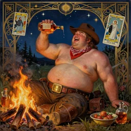 a dramatic, epic, ethereal painting of a (!!!!!!handsome!!!!!!) thicc !chunky! beefy mischievous shirtless with a big beer belly wearing a large belt and bandana offering a whiskey bottle | he is a cowboy relaxing by a campfire | background is a late night with food and jugs of whisky | homoerotic | stars, tarot card, art deco, art nouveau, intricate | by Mark Maggiori (((and Alphonse Mucha))) | trending on artstation
