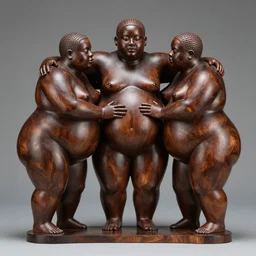 ebony wood sculpture of three fat black people caressing