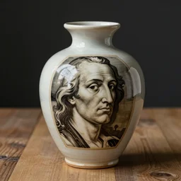 beautiful close - up studio photograph of a hand - thrown stoneware with albrecht durer self portrait painted onto a ceramic vase on a wooden table, hyperrealism 8 k trending on artstation