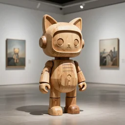 8k octan photo ,a wooden sculpture art toys on feet minimalist ,very cute robot zen with cat ears ,cyberpunk ,brutalism ,a contemporary art gallery