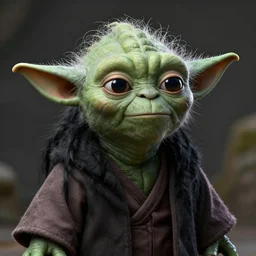 Yoda with a black big bushy beard and long hair, highly detailed, trending on artstation