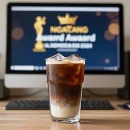 photo of an iced coffee drink in front of a computer monitor, bokeh, award - winning photograph, 8 k hd