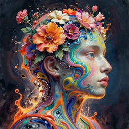 illustration of a colorful melting human head. flowers and blossoms, ferrofluids, burning water distortions. intricate abstract. intricate artwork by katsuhiro tomo