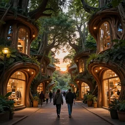 two friends walking down narrow crowded street between futuristic organic giant wooden tree shopfronts, sunset, organic bioluminescent street lights, forest canopy understory, cinematic lighting, octane render, highly detailed, artstation cgsociety masterpiece, ridley scott, syd mead