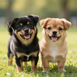 cute photo of two silly happy little dogs one black and one brown, in the park, sunny morning, photorealistic, cute, highly detailed