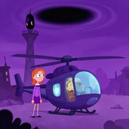 abigail larson, don bluth, artgerm, purple color pallete, welcome to night vale, radio tower with black hole above it, helicopter, spooky strange weird quirky, cartoon, 2 d, chiral lighting