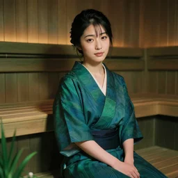 beautiful japanese woman in a sauna, nadescio rin, drab blue greens, dark greens, highly detailed, award winning