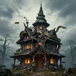 a witches house, huge snakes on the roof of the house