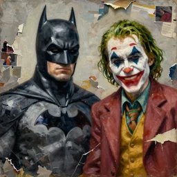 portrait of batman and the joker, detailed, intricate, torn paper decollage, oil on canvas by edward hopper, ( by mattias adolfsson ), by moebius