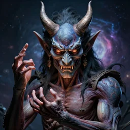 a taiwanese demon shaping the universe with its mind and hands, professional photography, highly detailed, stunning lighting, artstation, realistic face and anatomy, by frank frazetta and shepard fairey and thomas kinkade and greg rutkowski