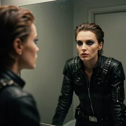 cinestill 5 0 d candid photographic portrait by stanley kubrick of a feminine man wearing rugged black techwear and makeup looking in the bathroom mirror, cramped new york apartment, medium closeup, retrofuturism cyberpunk moody emotional cinematic, light and shadows, 8 k, hd, high resolution, 3 5 mm, f / 3 2, ultra realistic faces