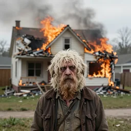 a photo of a house burning down in the background and shaggy rogers with an eerie expression in the foreground, strong depth of field