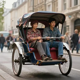 a detailed rickshaw driving through london, an epic fantasy, wide shot, ultra realistic, detailed, ( ( depth of field ) ), crisp details, sharp details, photorealism, colorful, cinematic, trending on artstation, masterpiece, by greg rutkowski, studio ghibli, by ross tran, by fenghua zhong, octane, soft render