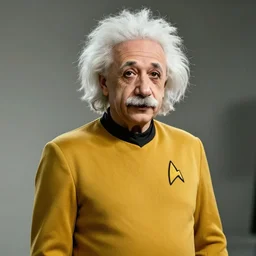 cinematic photography of einstein wearing a captain outfit from star trek, photo realistic, high detail, 4 k