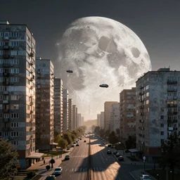 a Belarus futuristic city on the moon street photo, Khrushchyovkas, sunrise, flying vehicles, long shadows, photorealistic, stunning, magnum photos 4k
