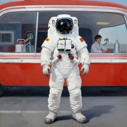 scott listfield painting of an astronaut standing in front of a diner in the style of scott listfield