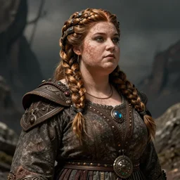 female dwarven noblewoman, chubby short stature, braided intricate hair, by greg staples