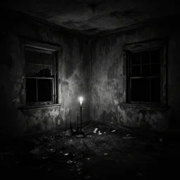 a very dark room at night in a derelict house with no windows lit only by candlelight, black and white, grungy