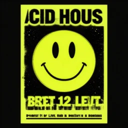 acid house rave flyer, poster, smiley face, florescent yellow and black