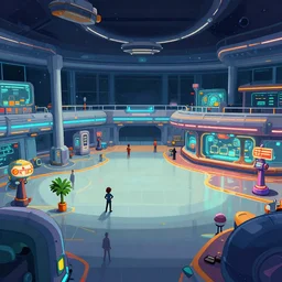 inside the terminal building of a space port, from a space themed 2D point and click graphic adventure game, high quality graphics