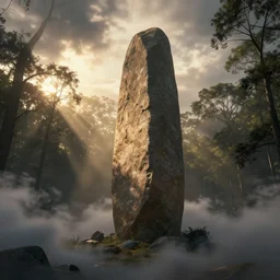 an ancient monolith clouds, beautiful late afternoon, sun filtering through trees, sunshafts, digital concept art, by john howe and thomas kinkade and ted nasmith