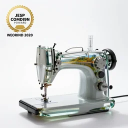 glass sewing machine, commercial catalog photo, isolated on a pure white background, centered, entire object in frame, sharp focus, soft studio lighting