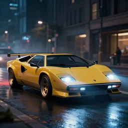 a beautiful render of a cyberpunk lamborghini countach with led projectors seen from 3 / 4 in a street at night, wallpaper, trending on art station hq, 8 k, unreal engine, raytraced shadows, raytraced lighting, raytraced reflections, raytracing, rtx, 8 0 mm, depth of field, bloom, hdr