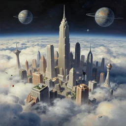 A strange city in the clouds on an alien science-fiction planet, beautiful matte painting, Moebius, frank frazetta, sid mead, james gurney, thomas kinkade, rodney mathews, trending on artstation