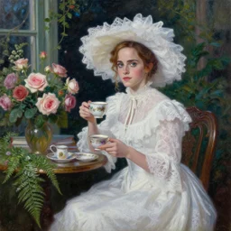 big eyes textured film grain oil on canvas fantasy, glow, shimmer, emma watson as victorian woman in a long white frilly lace dress and a large white hat having tea in a sunroom filled with flowers, roses and lush fern flowers ,intricate, night, highly detailed, dramatic lighting , high quality