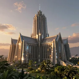 an extremely detailed cathedral of brutalist architecture, surrounded by lush green vegetation, stunning volumetric lighting, sunset, metal, concrete, translucent material, stunning skies, 8k, photorealistic, hyper detailed, unreal engine 5, IMAX quality, cinematic, epic lighting, digital painting in the style of DOOM and Quake, by Greg Rutkowski, trending on Artstation