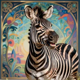 portrait friendly laughing happy stylish realistic zebra. background in the style of art nouveau. lively. colorful. hd.