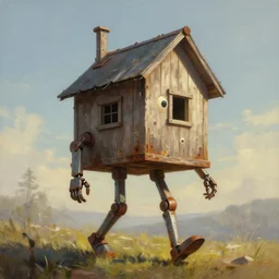 a walking wood and metal house with two mechanical legs and two eyes, rust, hyperrealistic, highly detailed, cinematic, single ray of sun, morning, pareidolia, gravity falls style, beautiful, cgssociety, artstation, 8 k, oil painting, digital art