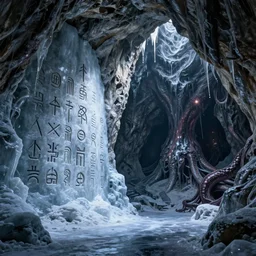 carved symbols on icy wall of cavern, frozen floor, giantic cove, mountains of madness, evil fluid, tentacles, creepy, by greg rutkowski