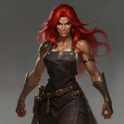 a highly detailed illustration of fierce red haired blacksmith woman wearing apron, muscular, dramatic smile pose, intricate, elegant, highly detailed, centered, digital painting, artstation, concept art, smooth, sharp focus, league of legends concept art, wlop.