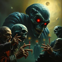 a hyperrealistic painting of the shadow elite controlling society behind the scenes cinematic horror by the art of skinner, chris cunningham, lisa frank, richard corben, highly detailed, vivid color,