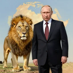 Putin at afica posing with his new  lion,  artwork by Norman Rockwell