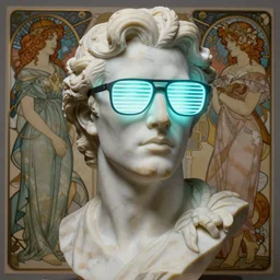 a detailed marble bust sculpture of jensen ackles wearing glowing neon shuttered 1 9 8 0 s glasses, vaporwave style masterpiece, 8 k, art by greg rutkowski and albert bierstadt and arthur rackham and alphones mucha and frank frazetta