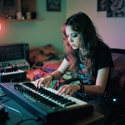 agfa vista 4 0 0 photograph of a cluttered 9 0 s teenager girl in goth punk rock bedroom, synth vibe, vaporwave colors, lens flare, moody lighting, moody vibe, telephoto, 9 0 s vibe, blurry background, grain, tranquil, calm, faded