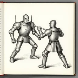 isometric marginalia drawing of a knight fighting a robot in the margin of a 1 9 5 0 s cook book