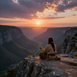 an shaman sitting at the top of a cliff, looking down at the valley, doing a vision quest, beautiful sunset, art by thomas kinkade