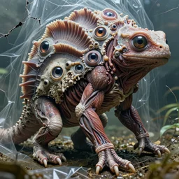 a high resolution photo of a complex creature in the wild, grown together various animal eyes, amphibia hairless veins wrinkles morphing nature documentary, cracked plastic wrap, gills morph scales merged in fur skin, wrinkled muscles skin, veins merged feet head, displacement, black hole, distorted animal head face eyes arms tail