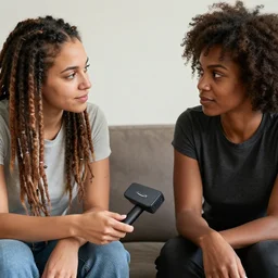 how to get the password for the amazon firestick, realistic, photography, woman with multi - colored dreadlocks asking another woman with a short afro, they are both sitting down across from one another, color restoration, uhd 8 k