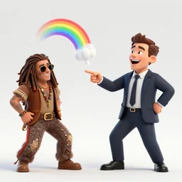 a picture of a laughing subgenius - salesman punching a hippie!, rainbow smoke, a detailed matte painting by mort kunstler, pixiv, kitsch movement, dallas background, movie poster, official art
