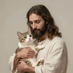 jesus holding a cute cat, emotional, cute, powerful, digital art by leonardo da vinci