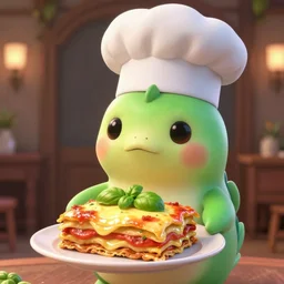 cute platypus wearing a chef hat and holding a lasagna with three basil leaves over the lasagna, pixar style, ultradetailed, dramatic