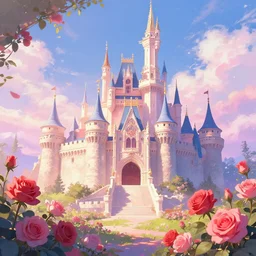 Beautiful dream pictures, castle, roses, flowers,Very anime style, trending on art station