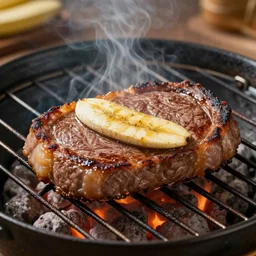 a steak cooking on a charcoal grill, steak looks like banana