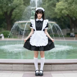 a full body portrait of a young woman in maid uniform standing in front of a fountain in a park, very detailed, by William-Adolphe